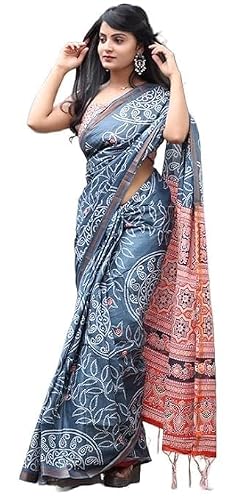 HMP Fashion Women's Multicolor Mulmul Soft Cotton jaipuri Printed Saree With printed Unstitched Blouse piece, Blue, One Size