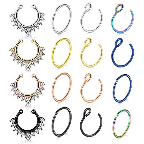 LOYALLOOK 20G 16PCS Stainless Steel Fake Septum Ring Nose Hoop Piercing Clicker Ring Septum Retainer Set Body jewelry Piercing