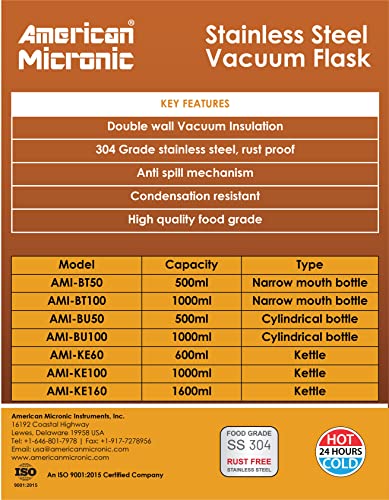 Image of AMERICAN MICRONIC Stainless Steel (304 Grade) Vacuum Insulated Flask Water & Beverage Carafe-AMI-KE100