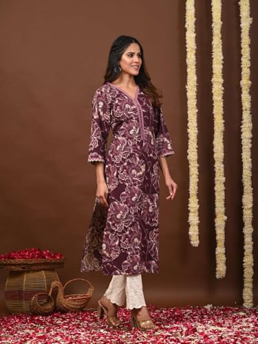Image of Rimeline Women's Cotton Printed Kurta with Lace-Trim V-Neckline | Straight Fit Ethnic Wear for Festive, Casual & Office Use