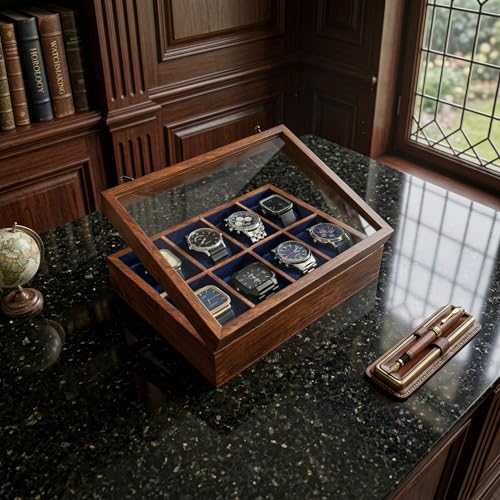 Image of Vintage Wooden Watch Box for Men, Timepiece Display Case, Storage Organizer, Jewelry Box for Women, Gift for Men - Sheesham Wood, Handmade Cushions & Paddings (8 Grooves)