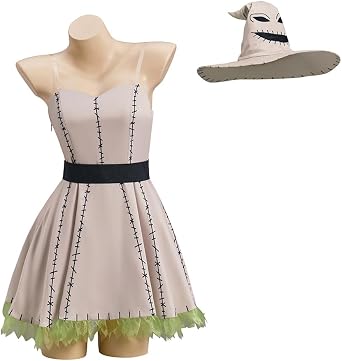 MelangCos Adult Oogie Boogie Costume Sexy Sleeveless Short Dress Nightmare Villain Cosplay Outfit with Witch Hat