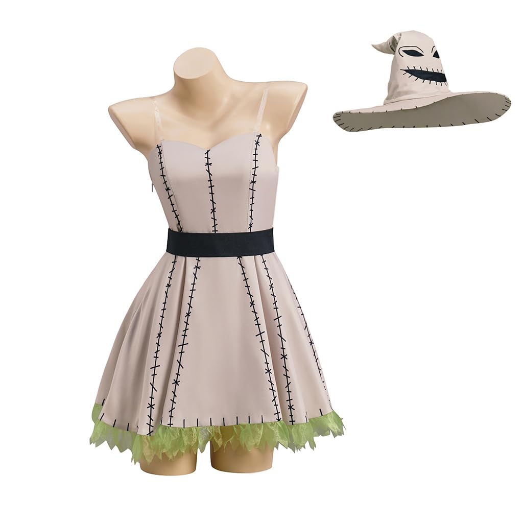 MelangCos Adult Oogie Boogie Costume Sexy Sleeveless Short Dress Nightmare Villain Cosplay Outfit with Witch Hat (Brown, S)