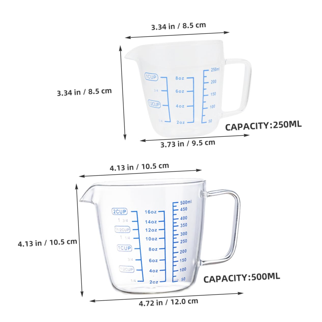 Messbecher aus Glas 3 Stück 250ml 500ml mit Henkel | Borosilikatglas, für Flüssigkeiten und Espresso, Leicht und Vielseitig