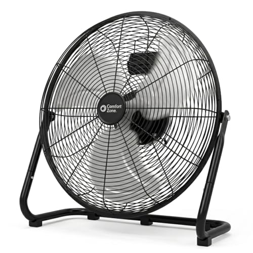 Comfort Zone 20-Inch High-Velocity Industrial Floor Fan, Heavy-Duty 3-Speed Metal Shop Fan with 180° Adjustable Tilt & Carry Handle, Quiet Vibration-Free Cooling for Garage, Workshop, & Home