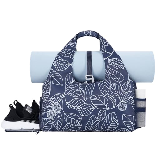 sportsnew Bolsas femininas de ginástica de ioga com compartimento para sapatos e bolsos de armazenamento seco úmido com suporte ajustável para tapete de ioga, patente de folha azul marinho pendente