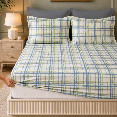 Image of LANE LINEN Symphony | 100% Cotton Sheet Set | Soft & Breathable Fabric | 3 Piece (1 Bedsheet + 2 Pillow Covers) | King Bed Sheet Set - Zesty Blue Crosshatch