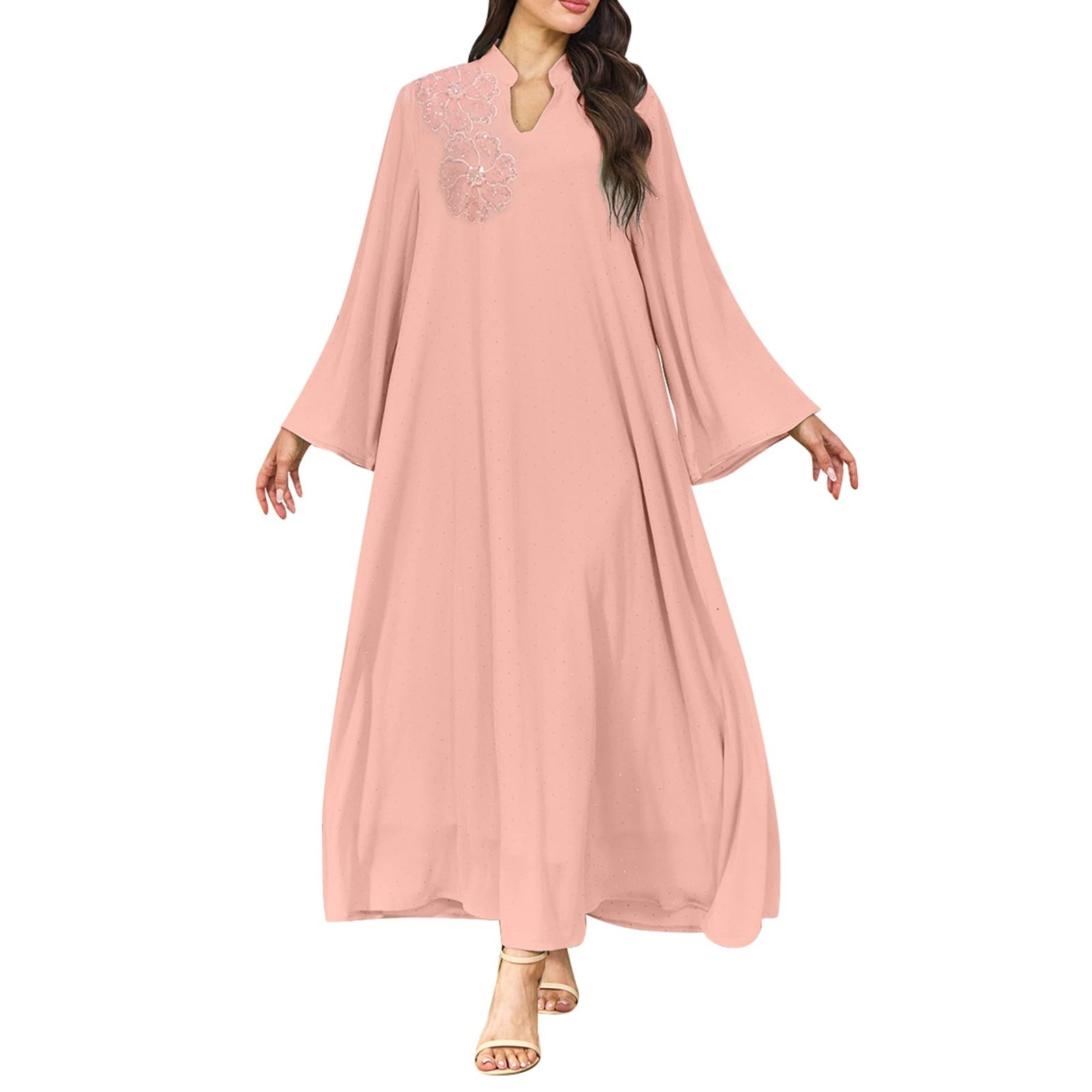 Muslimische Kleider Damen Lang, Abaya Muslim Damen Maxikleid- Chiffon Kleid Damen Langarm Gebetskleid Ramadan Kleidung Islamische Türkische Kaftan in Voller Länge Gebetskleidung Frauen