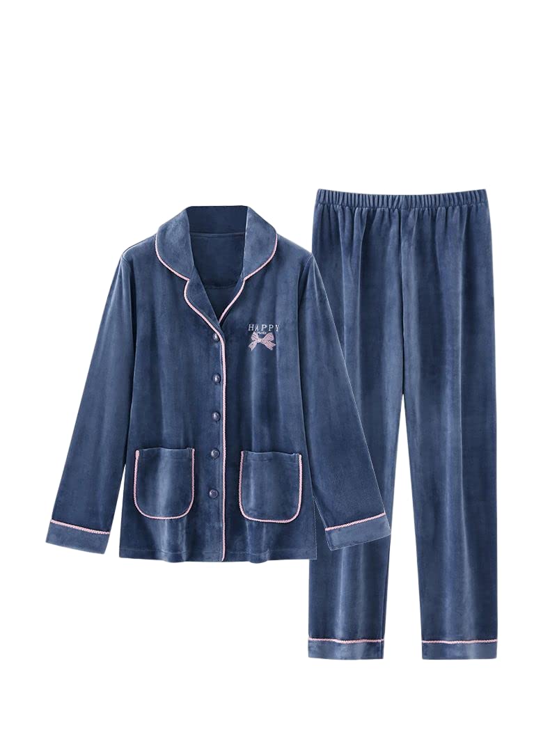 LUBOSE Pijama de franela para mujer, conjunto de ropa de descanso, 2 piezas, pijama con botones, ropa de descanso térmica (M, azul marino)