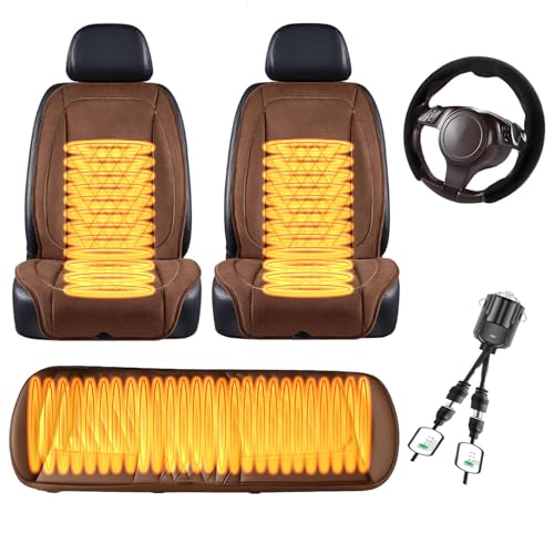 シートヒーター 車用 後付け, 3つの温度設定,10S 急速暖房一定温度 車 シートヒーター, 取付簡単 冬のドライバーの友人への最高の贈り物, 雪かきスコップが付属,茶色-スリーピースセット+ステアリングカバー