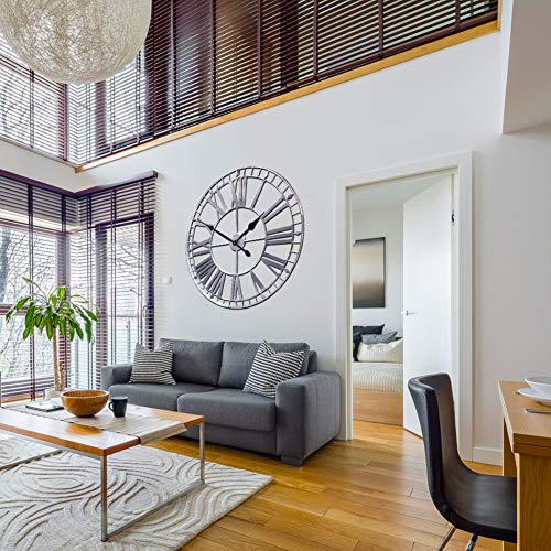 Growsun 32'' Large Wall Clock Pure Metal Heavy Duty Home Decor Farmhouse Living Room Decoration,Sliver #TOP4