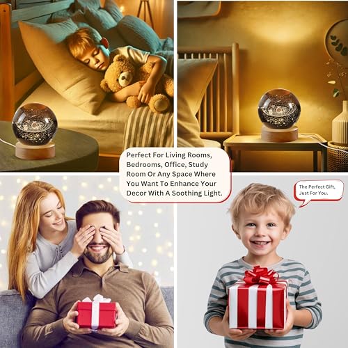 Image of 3D Star Galaxy Crystal Ball Night Light with Wooden Base, Table Lamp