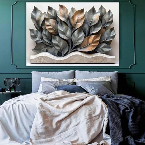 Toile murale feuilles texturées noires et art floral vert botanique neutre 40x60cm avec cadre