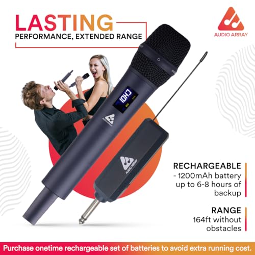 Image of Audio Array AM-W32 UHF Dual Wireless Metal Microphones | Built-in Rechargeable Battery | 6-8 Hours Backup | 60M Range | Karaoke, DJ, Events, PA System | Echo & Volume Controls