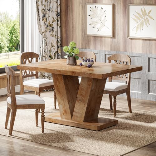 Image of Tribesigns 47-Inch Dining Table for 4, Light Oak Brown Kitchen Dinner Furniture with Heavy Duty Pedestal, Farmhouse Wooden Eating Desk for Home, Dining Room, Small Space