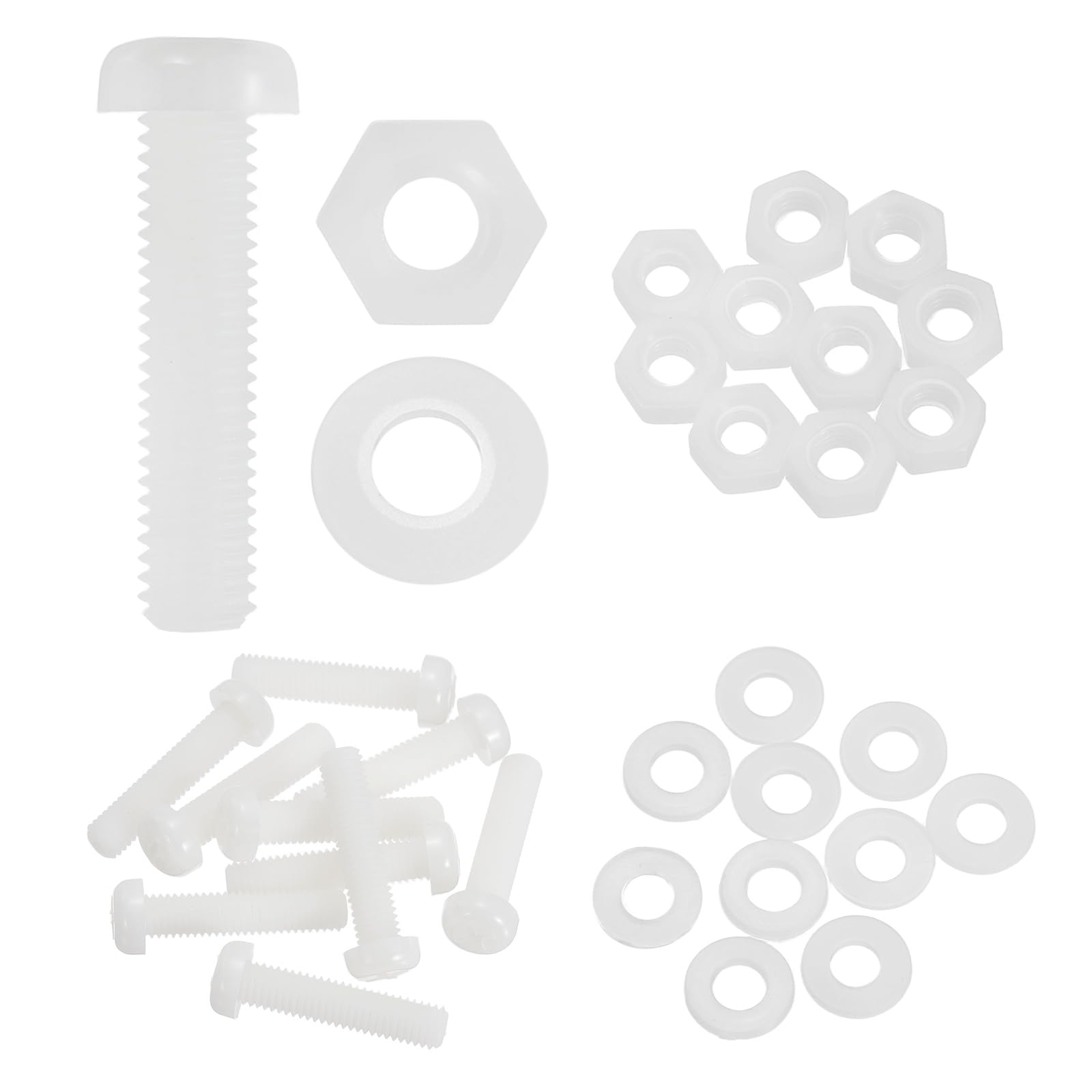 sourcing map 10 Set M8x35mm Nylon PA66 Plastic Cross Round Head Screw Phillips Bolts Hex Nuts Flat Washers Assortment Kit, Metric Full Thread Bolt Fasteners for DIY Machine Assembly, White โ image 1