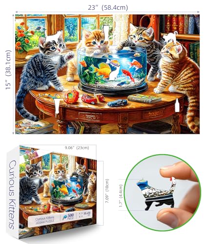 Image of 500 Piece Jigsaw Puzzles for Adults - Kittens & Goldfish Library Scene Puzzle,Cute Cats Puzzle with Letters on Back Perfect Game Night Gift for Family Seniors(23x15 Inch)