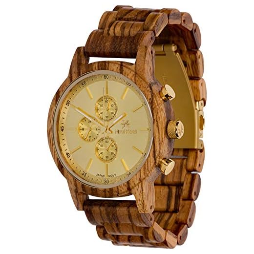 Maui Kool Wooden Chronograph Watch Pukulani Collection for Men Analog Chrono Wood Watch Bamboo Box (U2 - Zebra Wood Gold Face)
