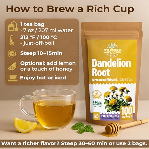 Image of 100 Bags Dandelion Root Tea Dandelion Tea Herbal (Taraxacum Officinale) - 100 Count 1.5g Bags Dried Herb Raiz De Diente De Leon