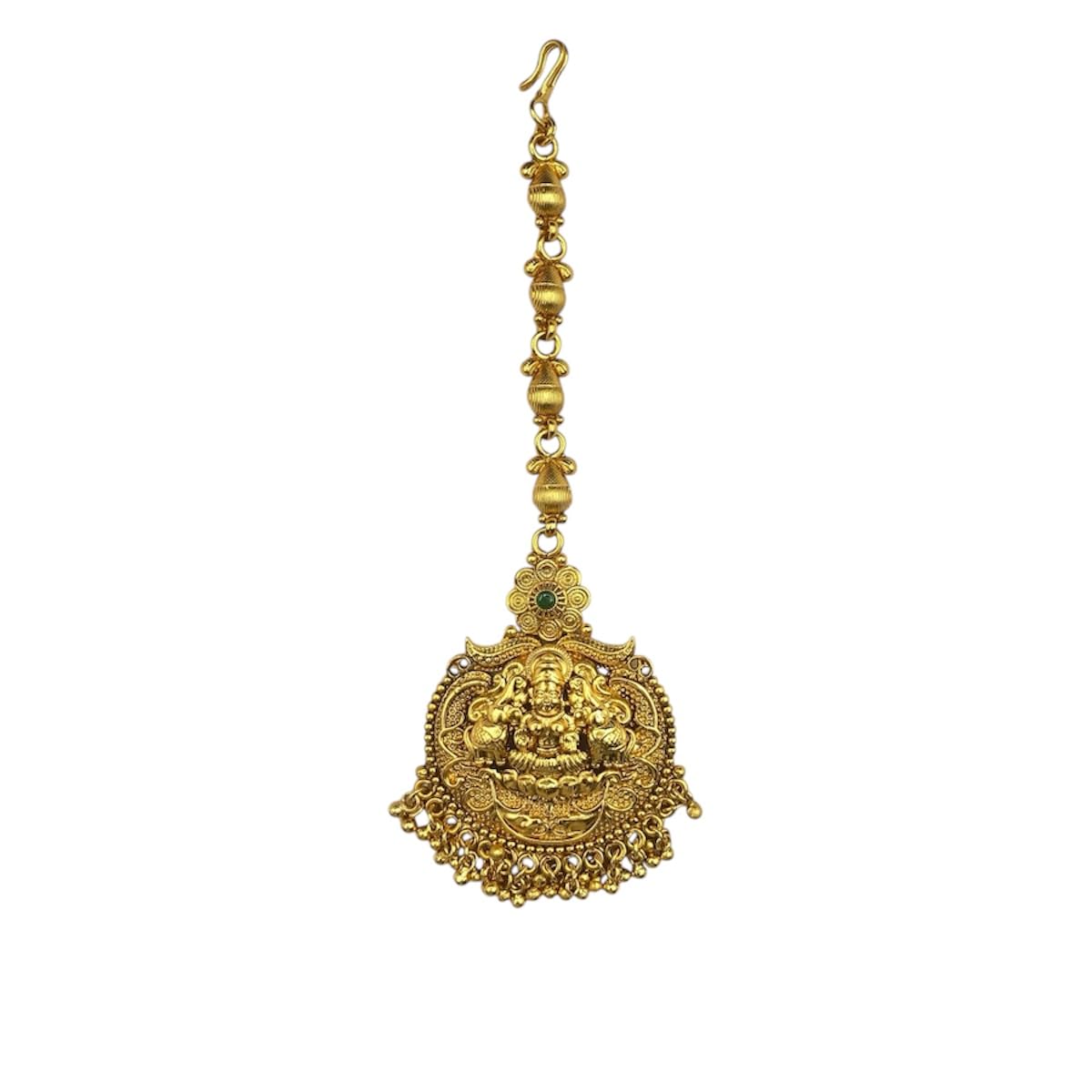 Glorious Traditional Laxmi and Flower Design Real Kempo Stone Brass Gold Plated Maang Tikka For Women and Girls-image-24