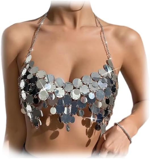 Christmas Summer Beach Sequin Backless Crop Tank Tops for Women Sexy Sparkly Hollow Out Outfit Glitter Bra Tops Festival Rave Body Chain Jewelry (Silver)