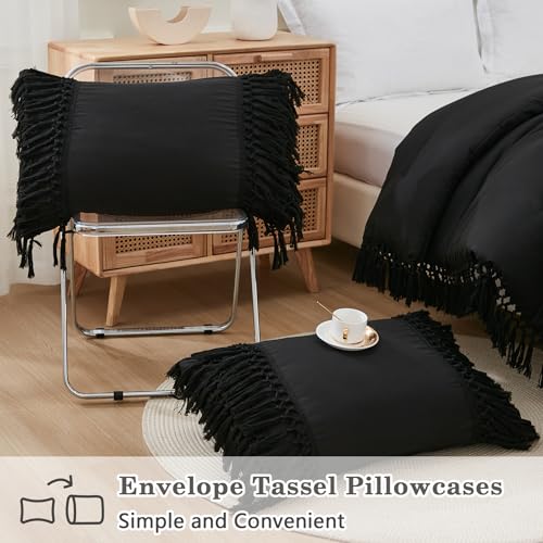 Image of Andency Black Full Size Comforter Set, 3 Pieces Boho Tassel Lightweight Soft Bedding Comforter Sets, All Season Fluffy Fringe Bed Set (79x90In Comforter & 2 Pillowcases)