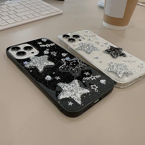 Coque iPhone 16 Pro Max étoiles 3D relief strass paillettes noires - 4