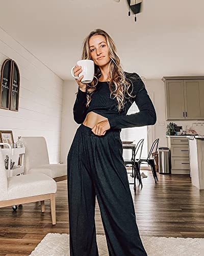 Image of BTFBM Women's Two Piece Lounge Set Long Sleeve Bodycon Ribbed Knit Crop Top Loose Wide Leg Pant Casual Outfits Sweatsuit