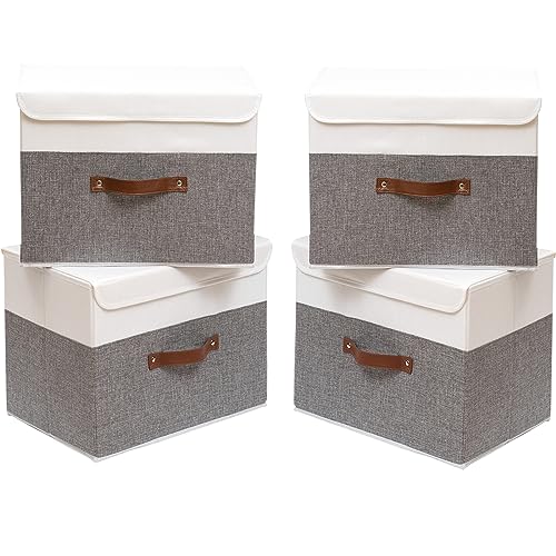 Image of OUTBROS Foldable Storage Boxes with Lids,Large Linen Fabric Foldable Storage Boxes Organizer,Closet Organizers for Clothes Storage, Office Storage 13 x 9.1 x 7.9 inch,White/Grey,2-Pack