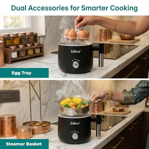 Image of Libra Multipurpose Electric Kettle with Steamer & Egg Boiler | 1.5L Capacity | Ceramic Non-Toxic Inner Pot | Boil, Steam, Eggs | Auto Shut-Off, Dry-Boil Protection | 600W | Travel & Hostel Friendly