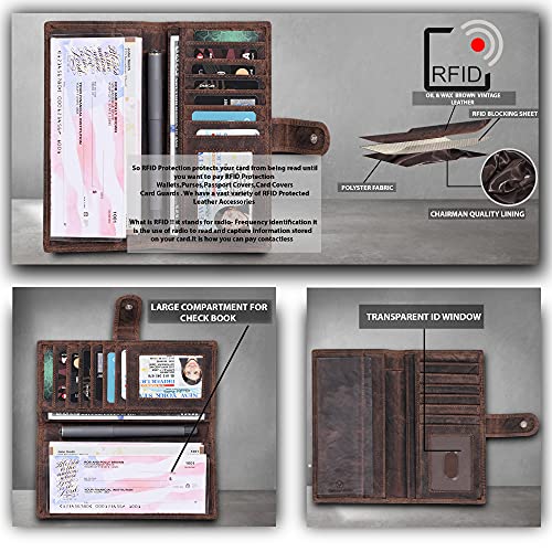 Levogue-Premium Quality Leather Rfid Unisex Checkbook Cover-Duplicate Checks Rfid Card Standard Register With Pen Inserts, Brown Vintage, Small #TOP3