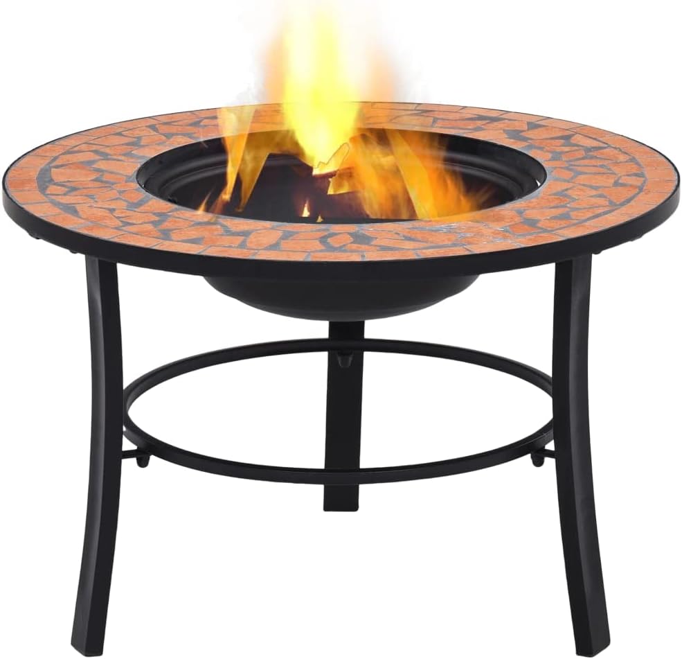 vidaXL Steel and Ceramic Mosaic Fire Pit Stove 26.8" - Terracotta - Outdoor Heating Solution, BBQ Partner, Round Tabletop for Convenience, Construction, WARNS Cancer and Reproductive Harm