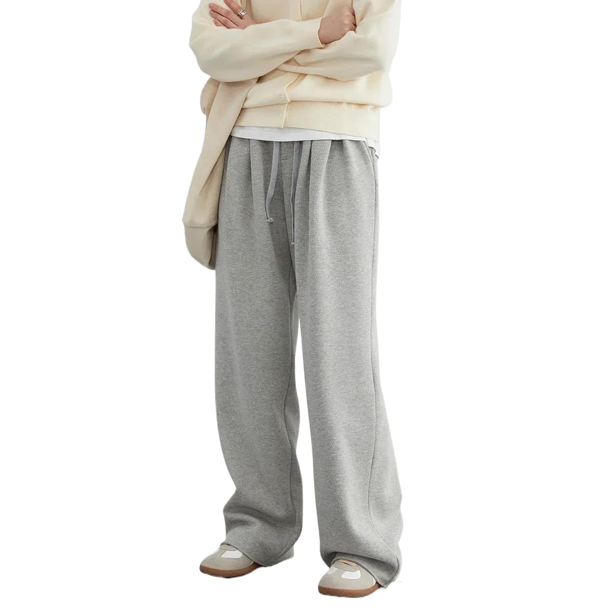 Womens Casual Wide Leg Pants with Elastic Waist and Drawstring Loose Fit Fleece-Lined Trousers for Autumn Winter Light