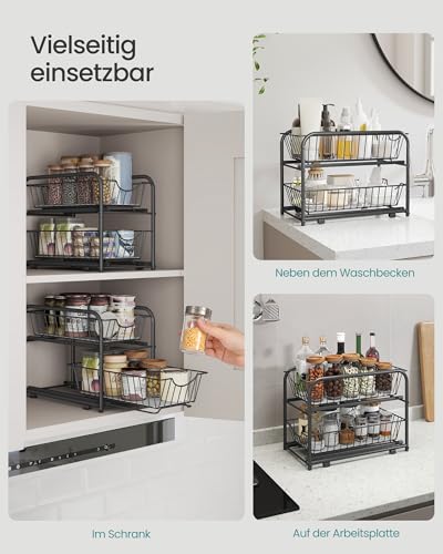 SONGMICS Küchen-Organizer, Küchenregal, Ordnungssystem, 2 Ebenen, stapelbar, erweiterbar, mit Metallkörben, für Küche, Badezimmer, tintenschwarz KCS017B01V1 5