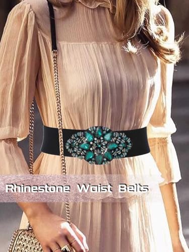 Urieo Rhinestone Stretchy Cinch Belt Crystal Black Elastic Belts Beads Wide Stretch Dress Dresses Ladies Waist Belt for Women2
