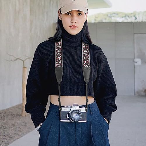 Image of Padwa Lifestyle Camera Strap - 2 inch Full Grain Leather Ends Camera Straps for Photographers, Vintage Embroidered Cotton Weave Soft Strap Quick Release fits All Cameras