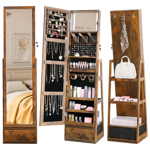 360° Full Length Mirror Jewelry Cabinet with Lockable Drawers