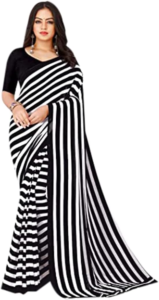 Anand Sarees Black Color Georgette Striped Saree with Unstiched Blouse Piece-(1692_6)