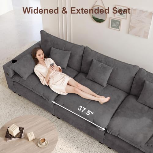 Image of KCGKCG 116 inch 3-Seater Cloud Sofa, Modular Sectional Couch, Chenille Deep Seat Cloud Couch with Charging Station, Cup Holder, Side Pocket, Double Layer Seat Cushion Couches for Living Room, Grey