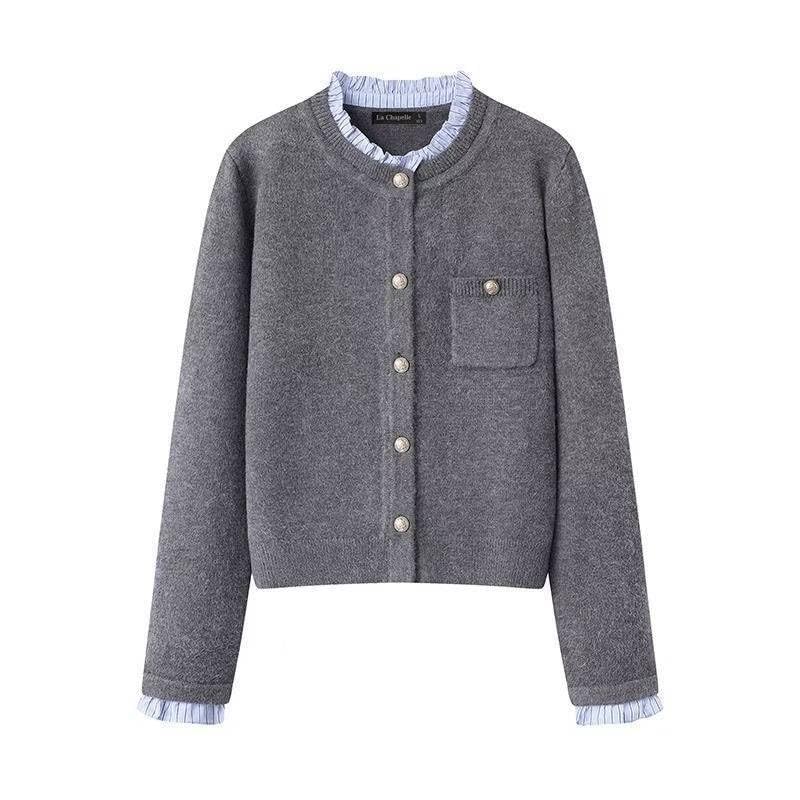 Womens Knit Jacket Round Neck Line Long Sleeve Button Ruffle Trim Button Cardigan