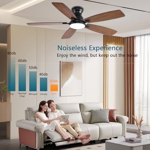 Image of JSAITEE Ceiling Fans with Lights, 52 Inch Low Profile Ceiling Fan with Light and Remote Control, Flush Mount, DC Reversible Motor, Noiseless, Brown 6 Speeds Ceiling Fan for Bedroom