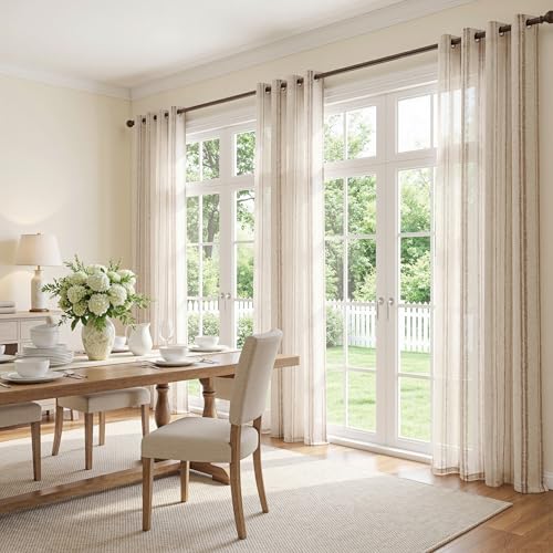 Image of MYSKY HOME Taupe Striped Patterned Curtains for Bedroom Living Room 96 Inches Long Tan Ticking Stripe Pinstripe Farmhouse Rustic Light Filtering Linen Blended Drapes, Grommet, 2 Panels, 52 inch Wide