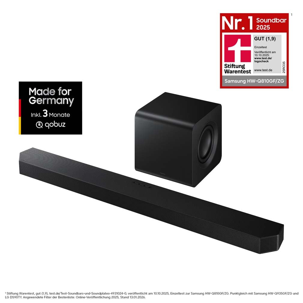 Samsung HW-Q810GF Q-Series 5.1.2-Kanal-Soundbar für Fernseher, Kabelloser 6,5"-Subwoofer, Kabelloses Dolby Atmos und DTS:X, SpaceFit Sound Pro, Q-Symphony