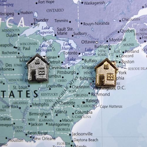 Image of Big House Push Pins - Silver Metal Home Pins - for Cork Board, Maps, or Lapel Pin Use - Designed in USA - Set of 4