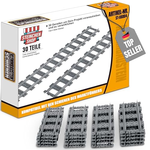 Steinchenshop City Bausteine Schienen Set Kurven Weiche Gerade kompatibel mit dem Marktführer (30 Geraden)