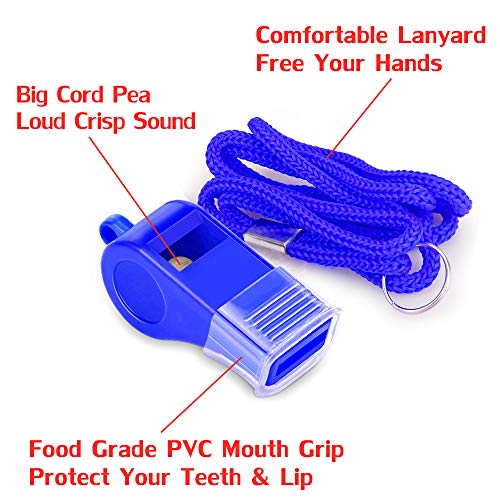 Hipat Whistle with Lanyard & Mouth Grip, 2 Packs Blue Plastic Whistles, Loud Crisp Sound, Sports Whistles Great for Coach, Referee, Basketball, Lifeguard, Survival