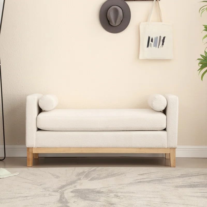 LEGACY OF COMFORT Timsbury Boucle Upholstered Bench with Arm Polyster Fabric Upholstered Bench Sofa Bench Sofacouches Ottoman Bench for Living Room Bedroom Office (Ivory)-image-31
