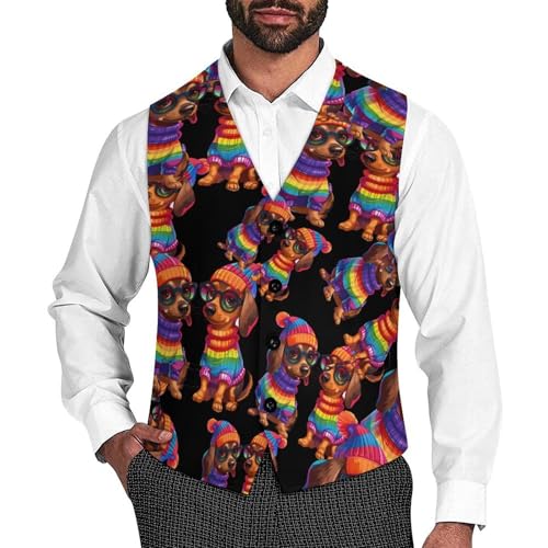 Rainbow LGBT Love Weiners Dogs Gay Men's Suit Vest Waistcoat Vests Formal Dress with 2 Pockets for Business Casual Tuxedo