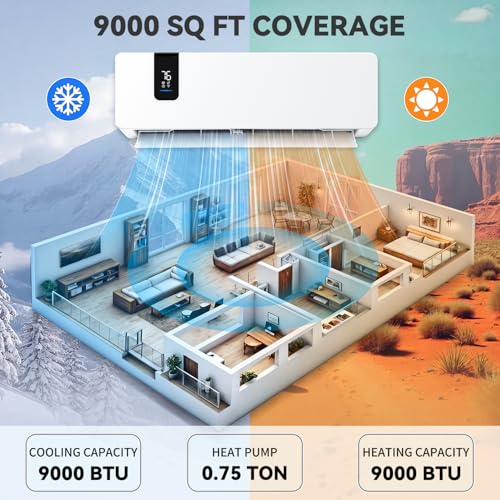 Image of YITAHOME 18 SEER2 9000 BTU Mini Split AC /Heating System, 115V Pre-charged Air Conditioner Heat Pump, Energy Efficient Inverter Split Unit AC, Compatible with Wifi & Alexa, Cool Up to 450 Sq. Ft