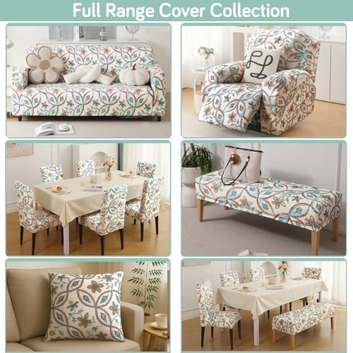 Image of HOKIPO Premium Velvet Cover Set for 4 Dining Chairs + 1 Dining Bench, Beige Persian Garden (AR-5799-D9)